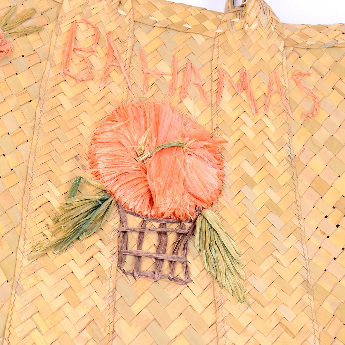 1960s Woven Straw Bahamas Embroidered Tote Bag