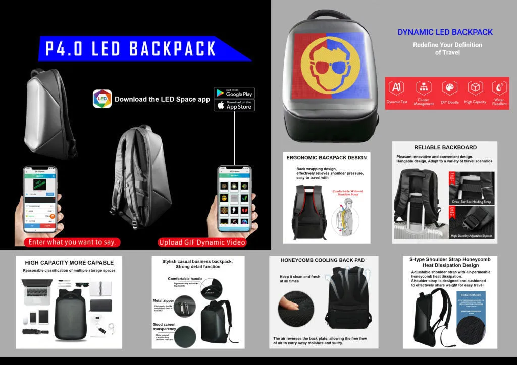 Backpack LED Full-Colour Screen Travel Laptop waterproof bag for bikers and outdoor promotions