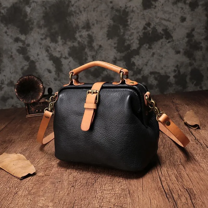 Black Leather Women's MIni Doctor Handbag Small Doctors Bag Doctor Style Handbag Purse for Ladies