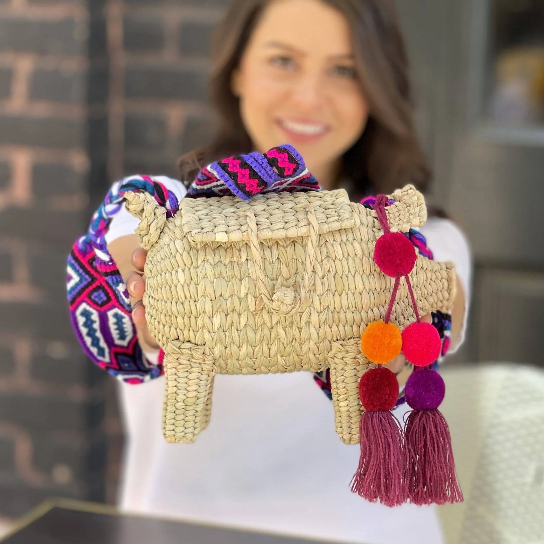 Boho-Chic Pig-Shaped Hand-Woven Raffia Handbag.