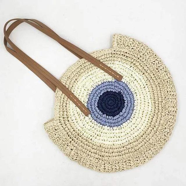 Boho Straw Round Beach Tote Bag