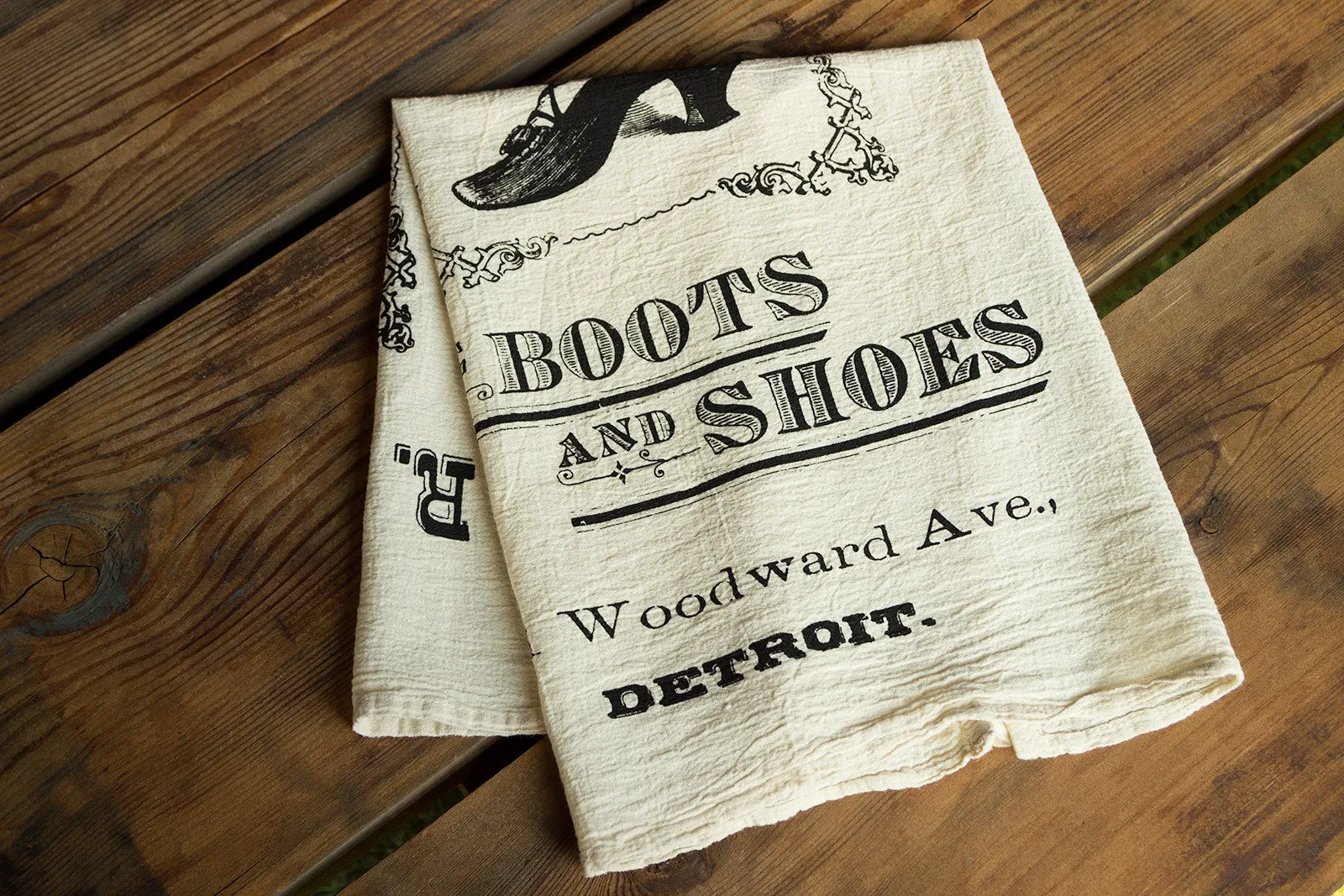Boots & Shoes Flour Sack Towel, Detroit RH Fyfe Co.
