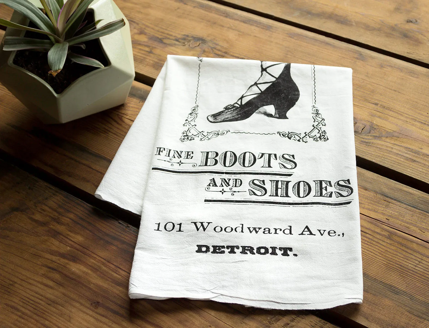 Boots & Shoes Flour Sack Towel, Detroit RH Fyfe Co.