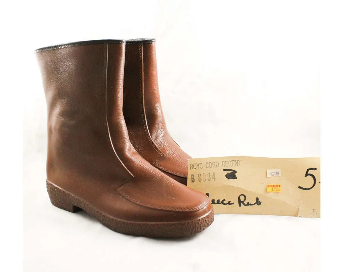Boys Brown Galoshes - Big Boy's Size 5 - Authentic 1960s Boot - Child's 60s Rain Boots - Waterproof Rubber Childrens Shoes - NOS Deadstock