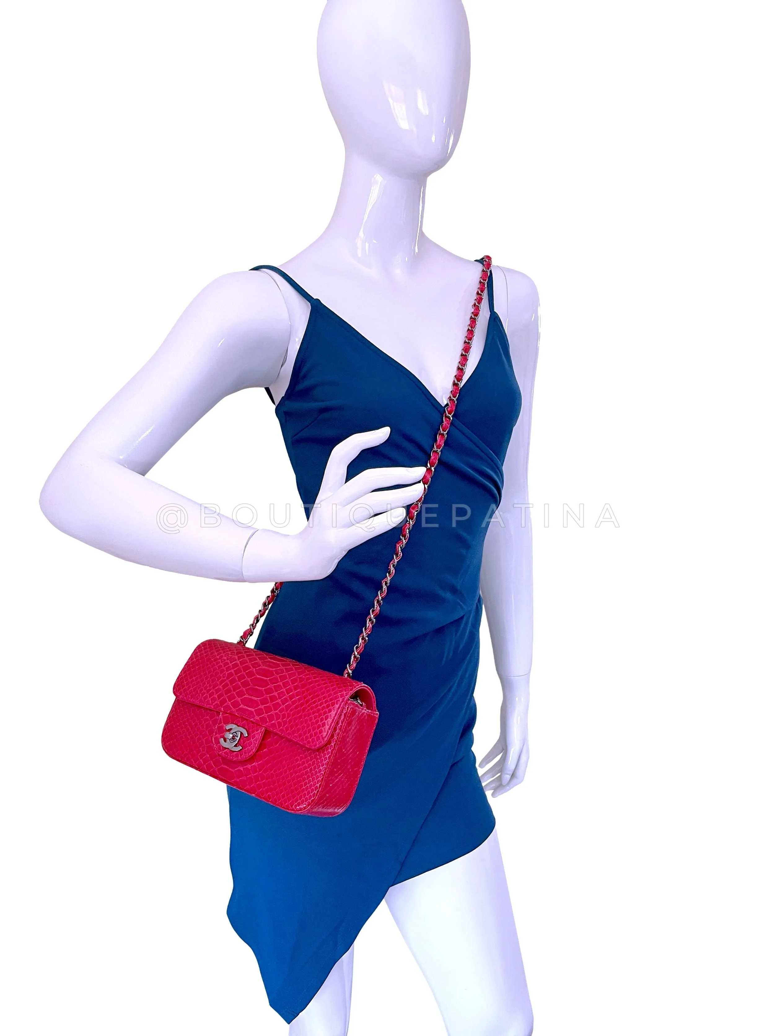 Chanel 2014 Fuchsia Pink Python Rectangular Mini Flap Bag RHW