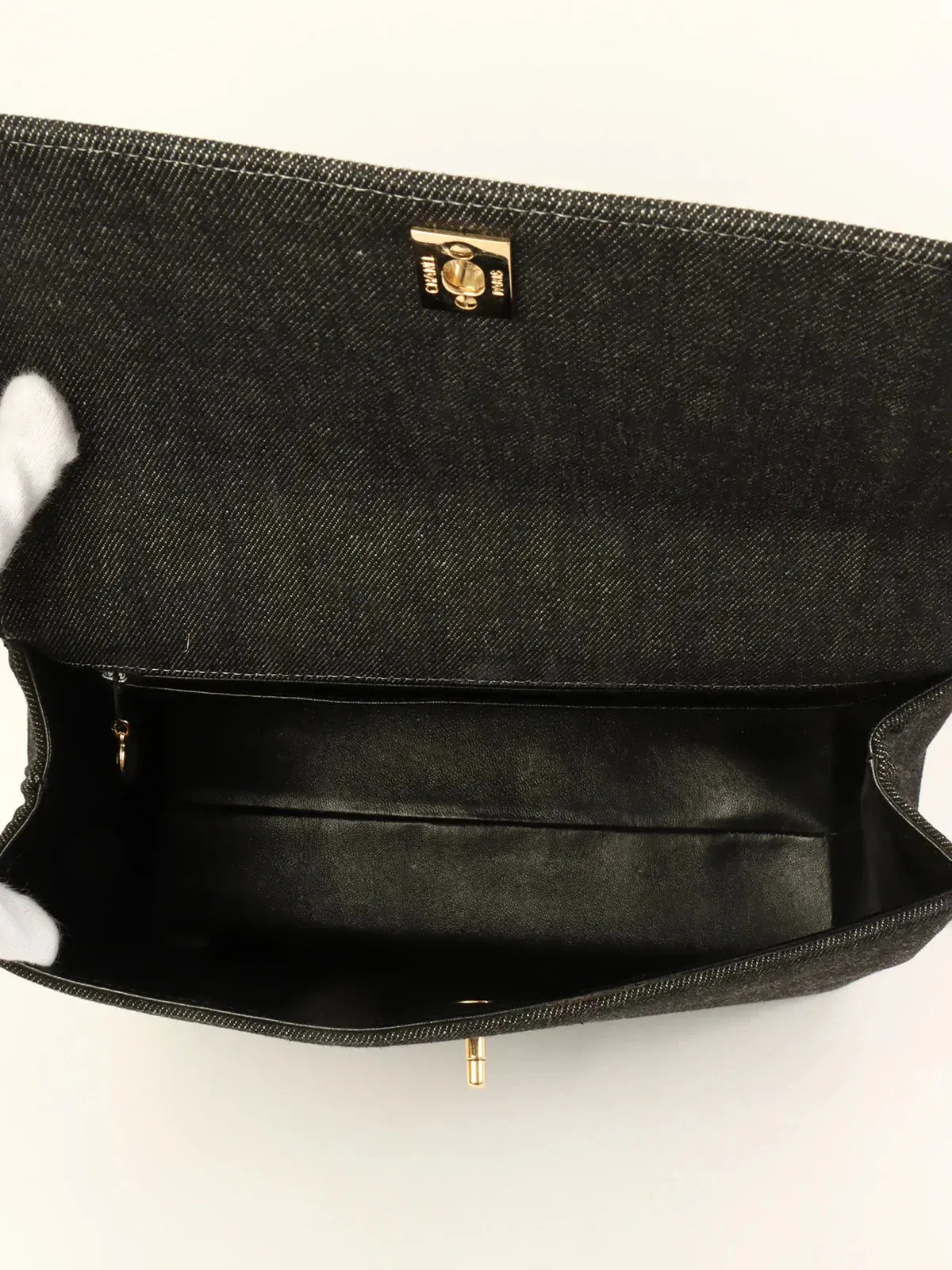 CHANEL Around 1998 Made Denim Turn-Lock Top Handle Bag Black