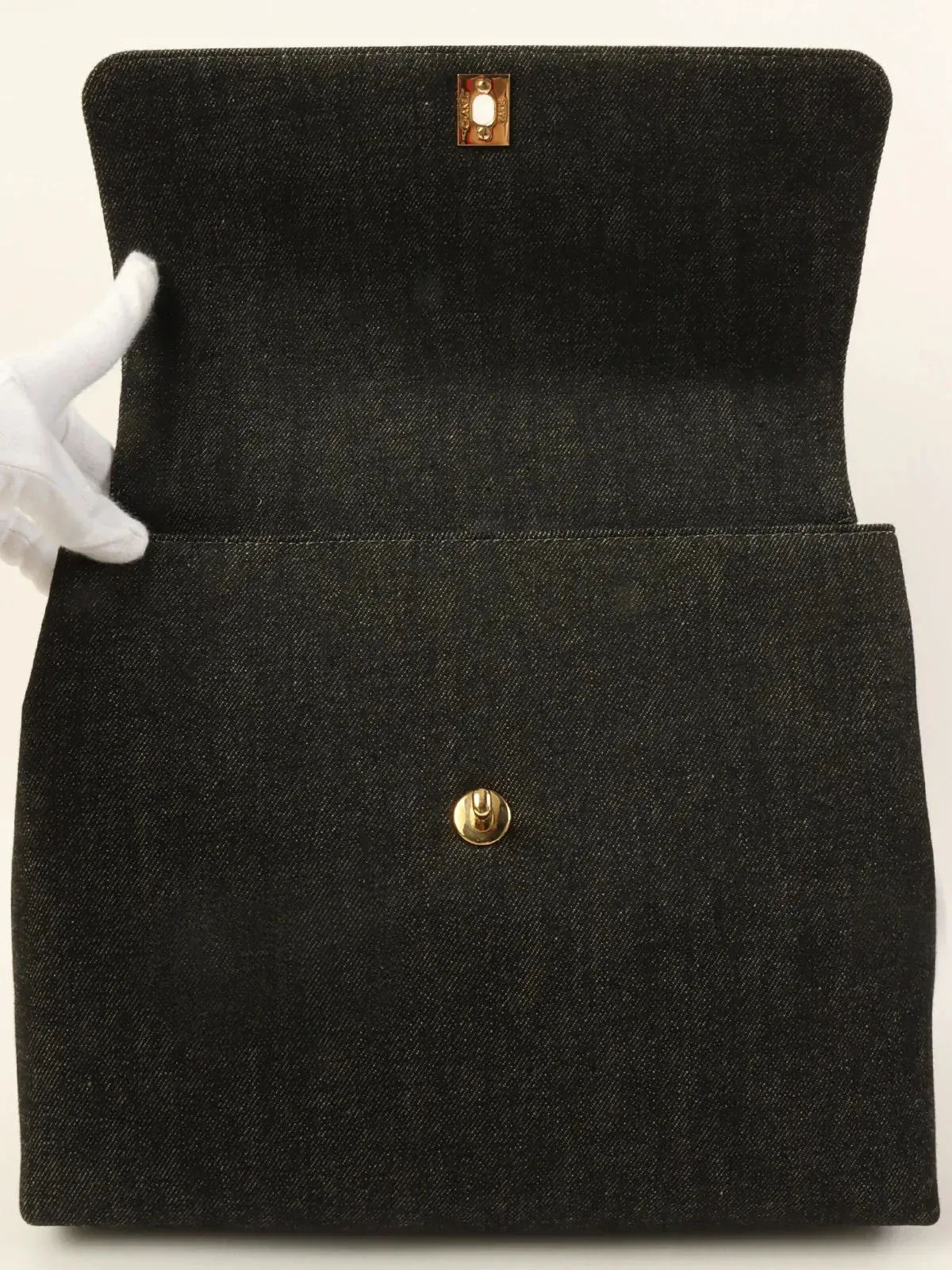 CHANEL Around 1998 Made Denim Turn-Lock Top Handle Bag Black