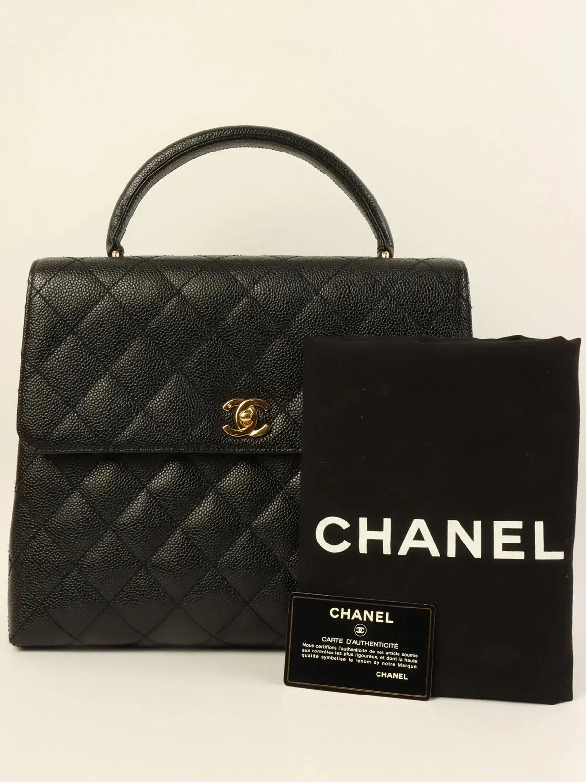 CHANEL Around 2001 Made Caviar Skin Turn-Lock Top Handle Bag Black