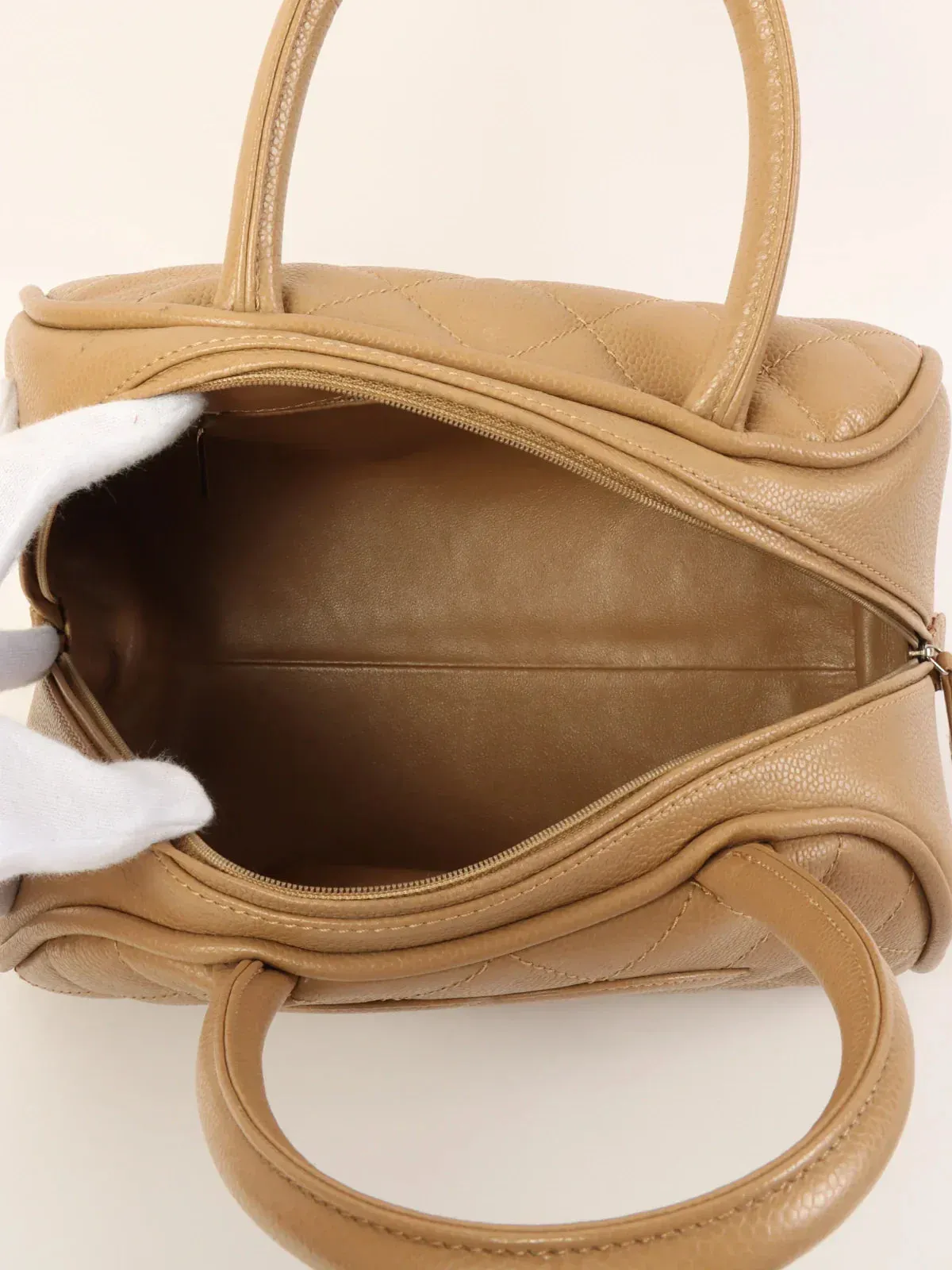 CHANEL Around 2007 Made Caviar Skin Cc Mark Stitch Top Handle Bag Mocha Beige