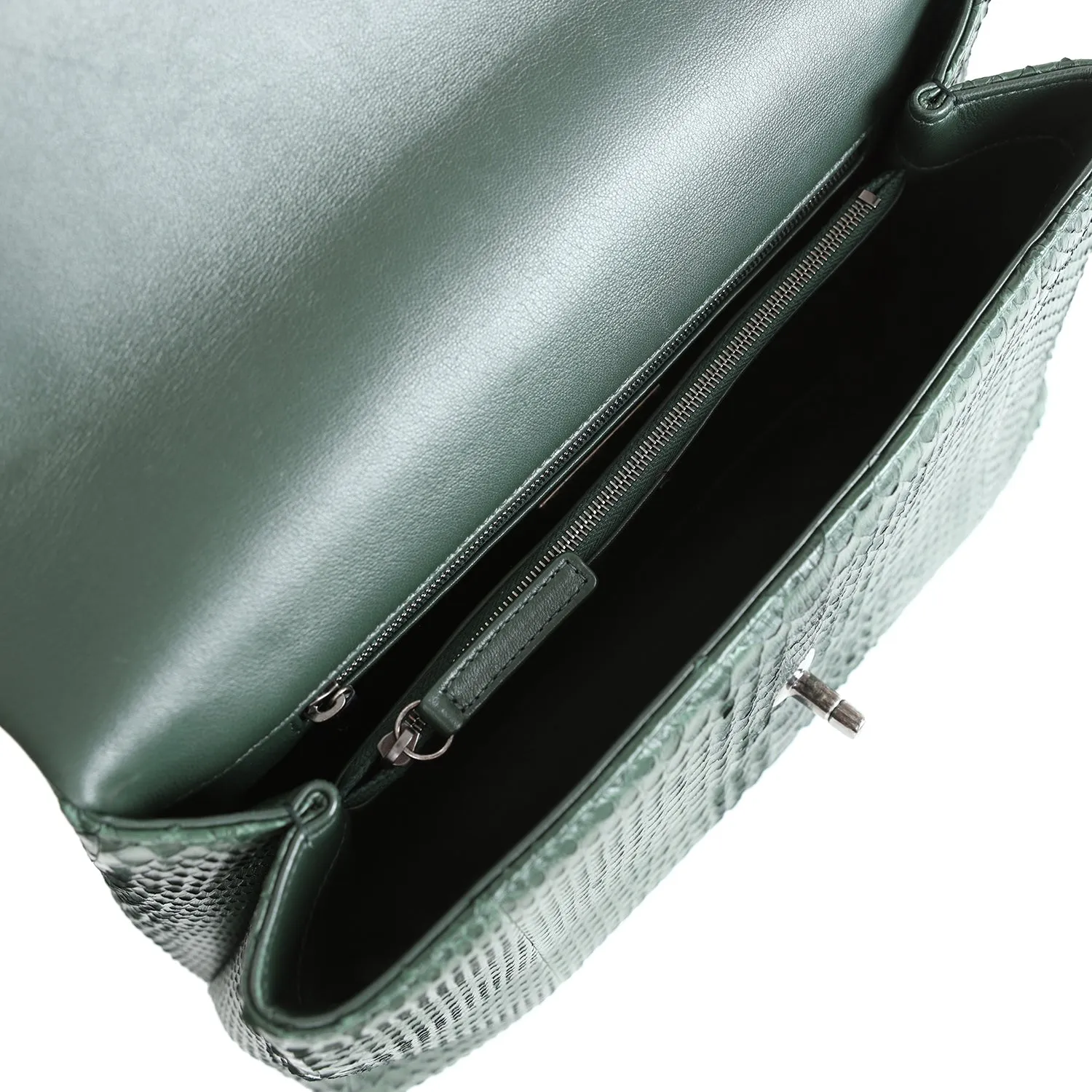 Chanel Medium Coco Handle Flap Bag Dark Green Python Ruthenium Hardware