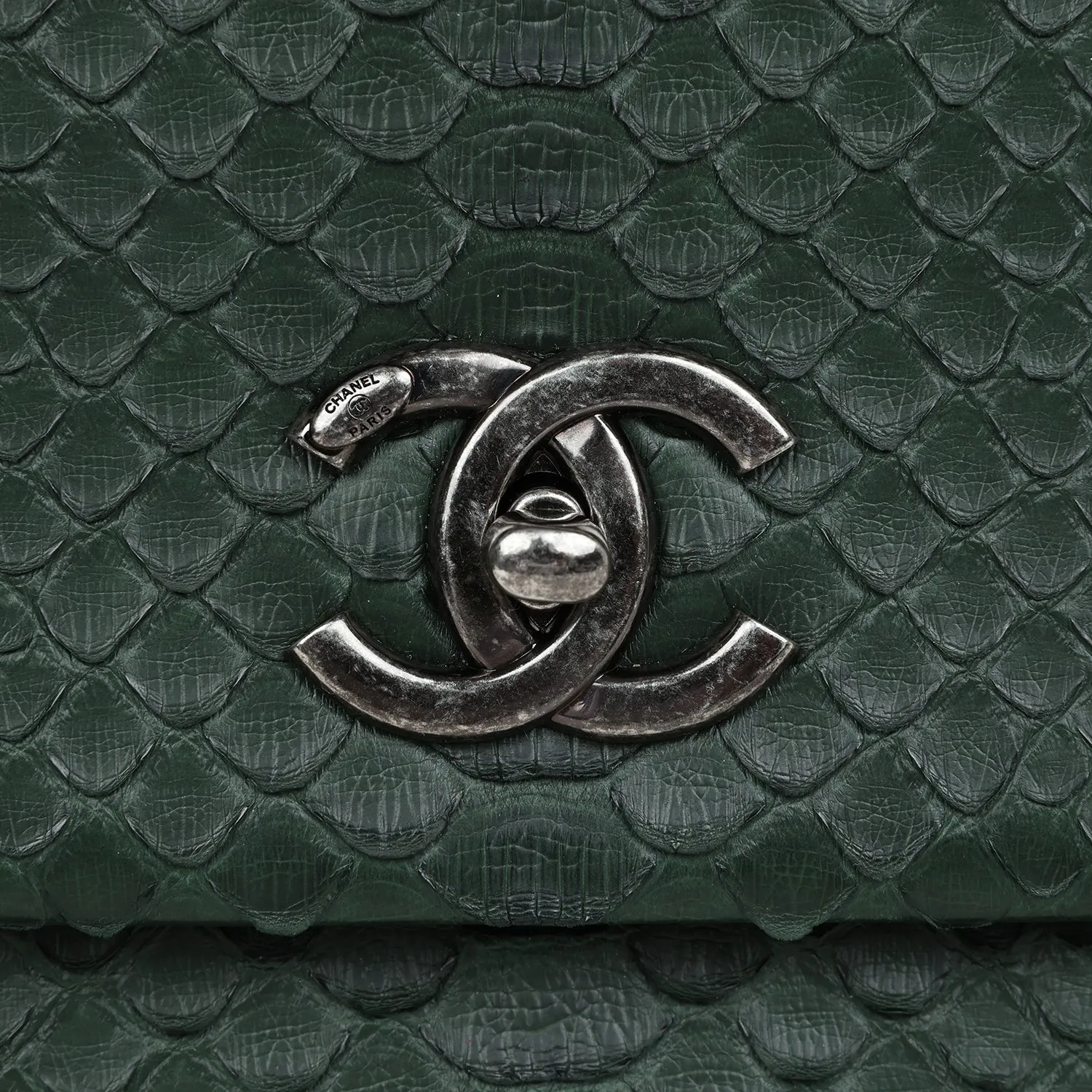 Chanel Medium Coco Handle Flap Bag Dark Green Python Ruthenium Hardware