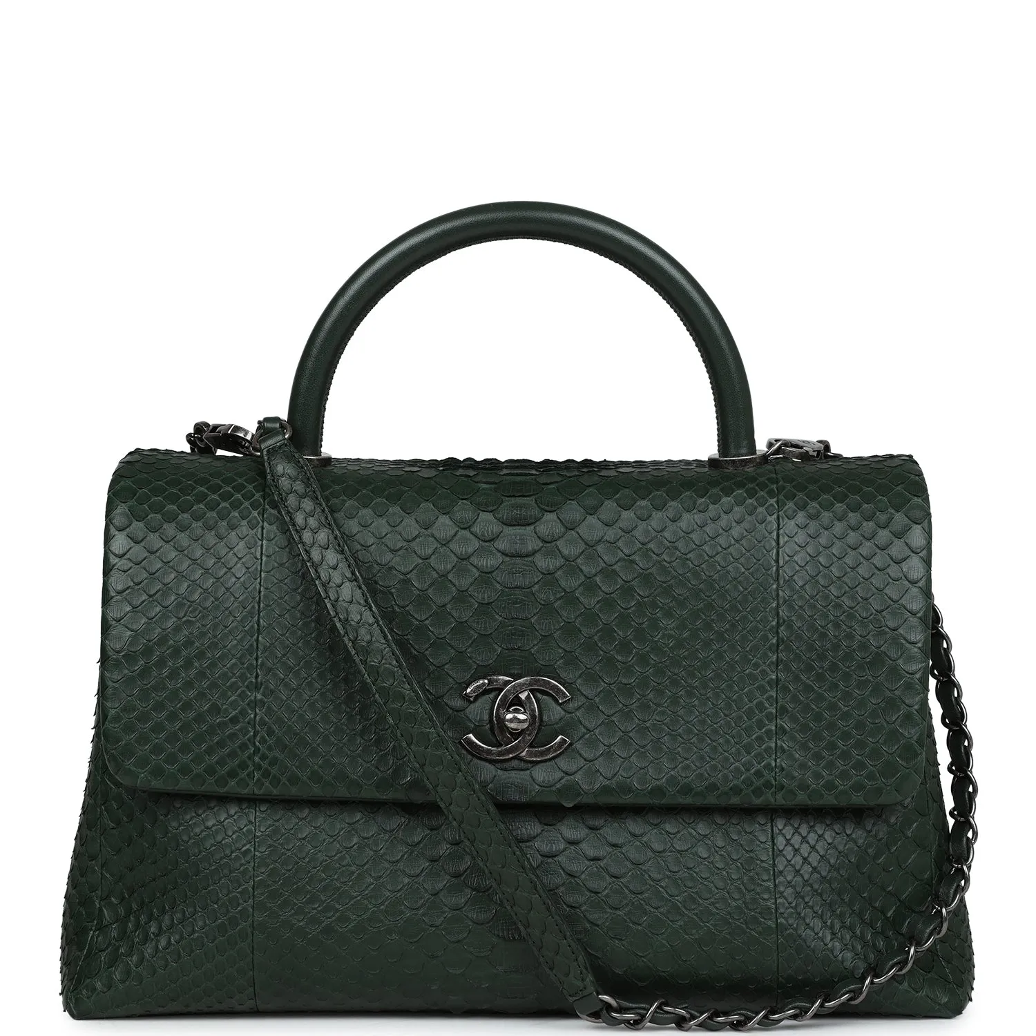 Chanel Medium Coco Handle Flap Bag Dark Green Python Ruthenium Hardware
