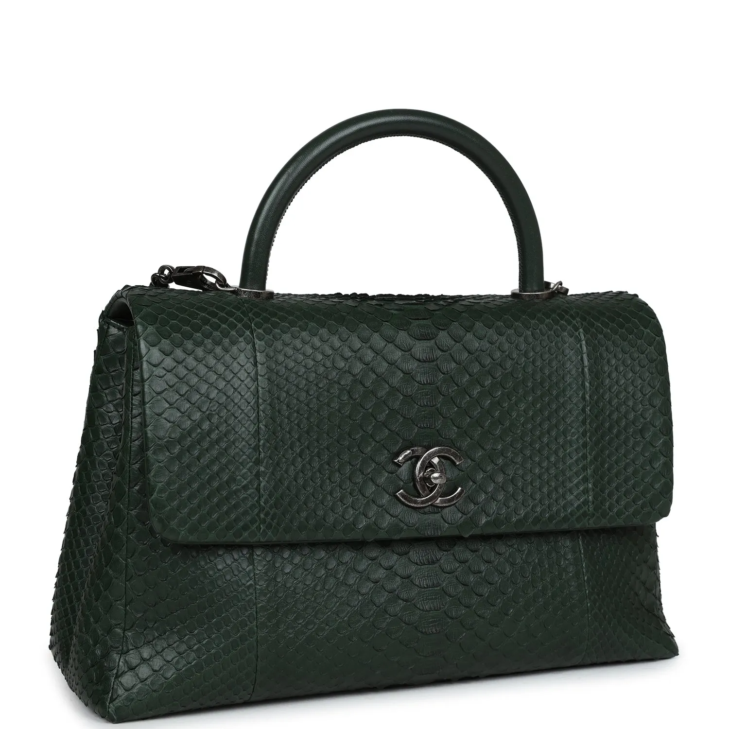 Chanel Medium Coco Handle Flap Bag Dark Green Python Ruthenium Hardware