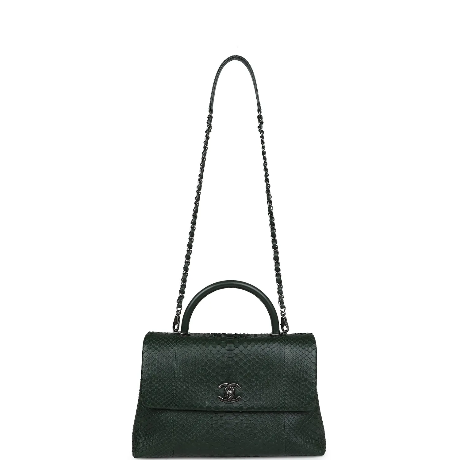 Chanel Medium Coco Handle Flap Bag Dark Green Python Ruthenium Hardware