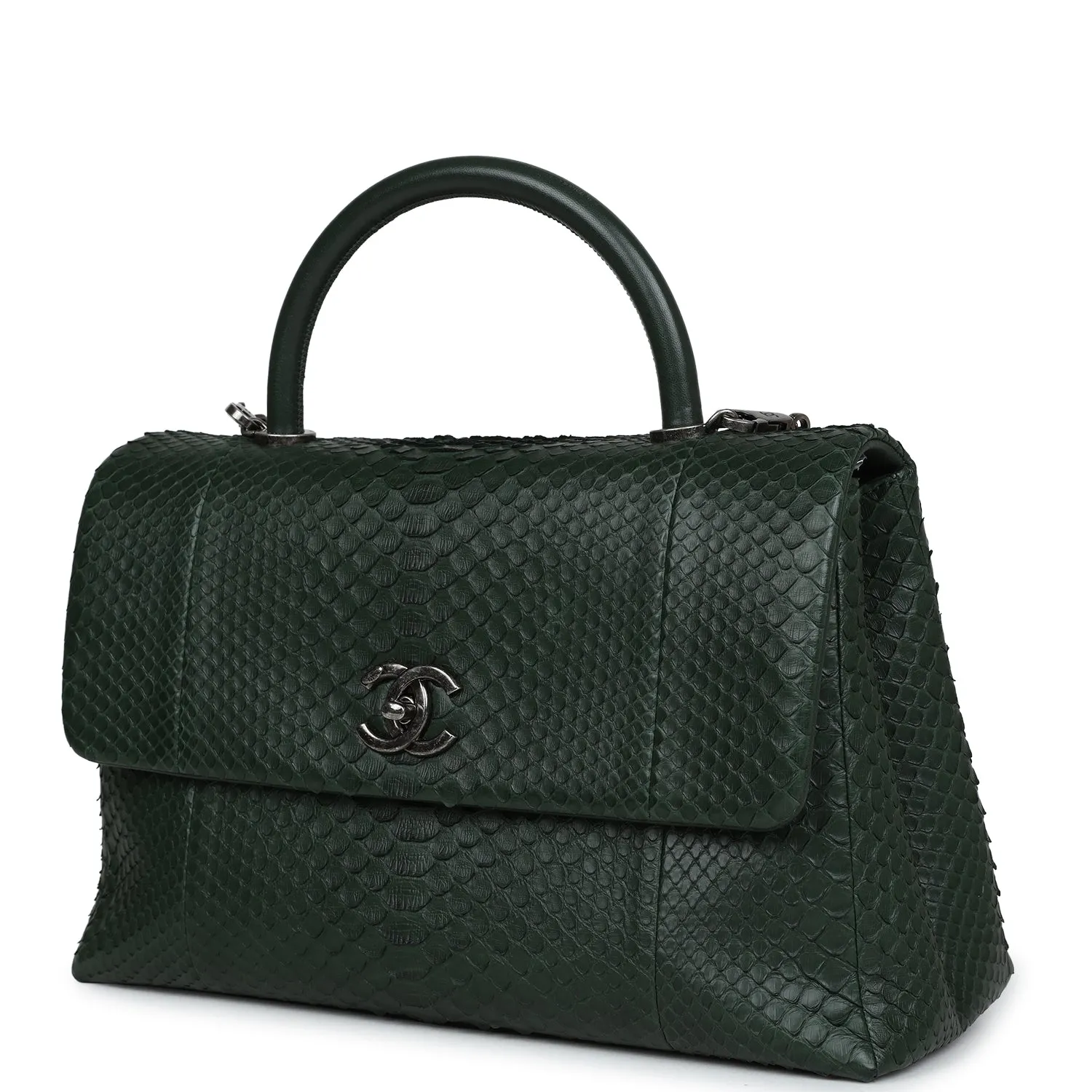 Chanel Medium Coco Handle Flap Bag Dark Green Python Ruthenium Hardware