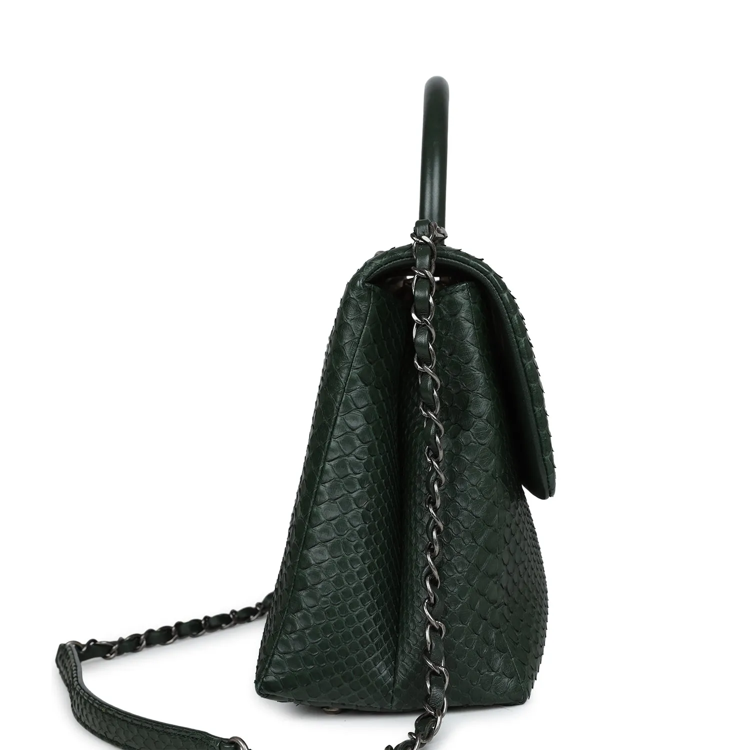 Chanel Medium Coco Handle Flap Bag Dark Green Python Ruthenium Hardware