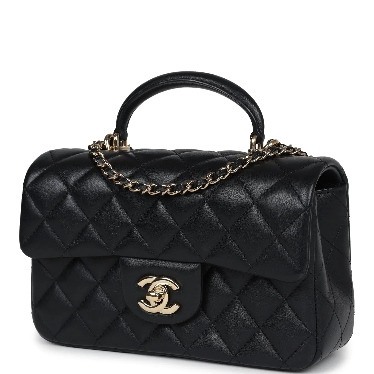 Chanel Mini Rectangular Flap with Top Handle Black Lambskin Light Gold Hardware