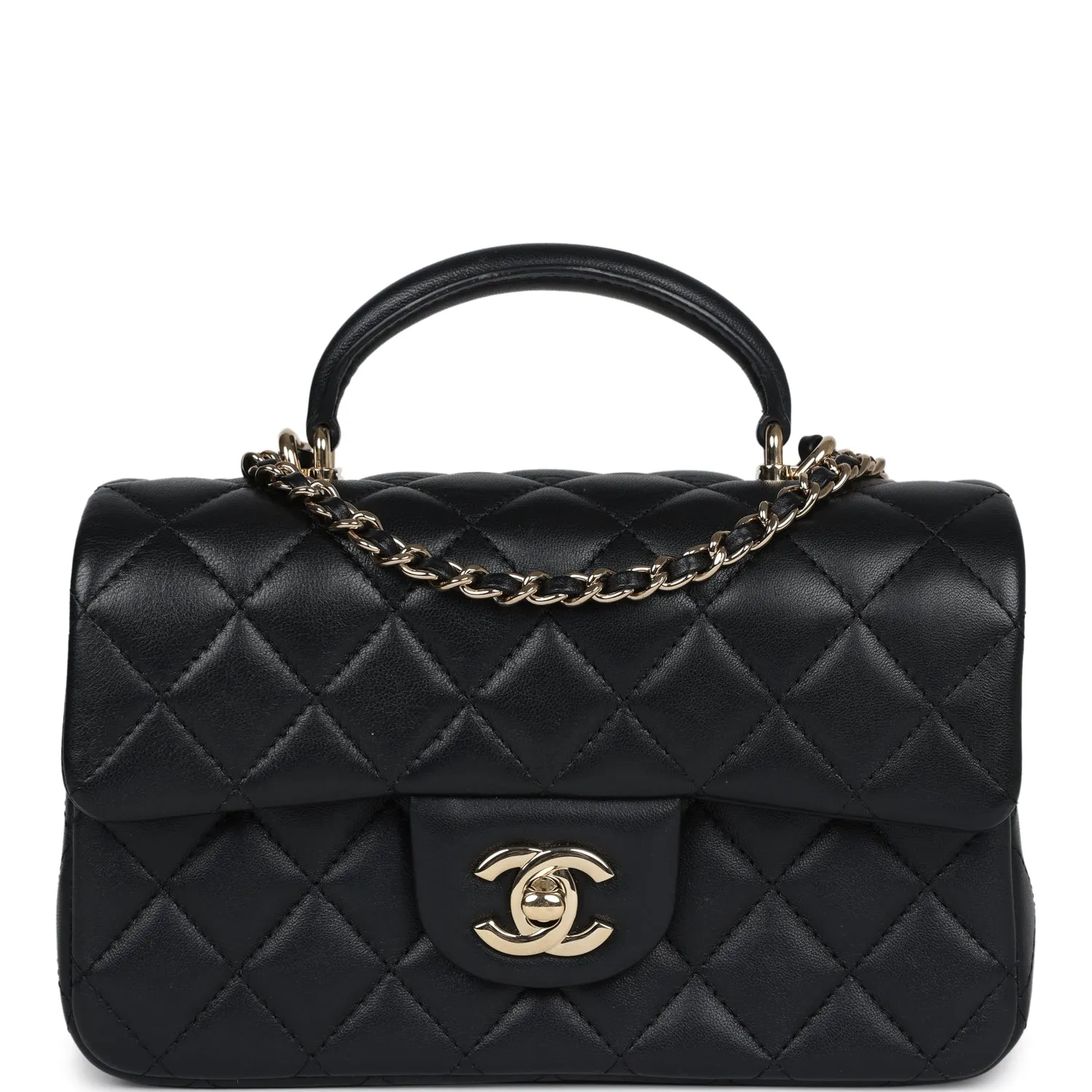 Chanel Mini Rectangular Flap with Top Handle Black Lambskin Light Gold Hardware