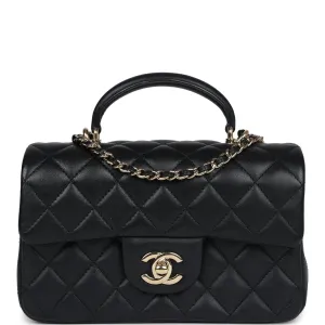 Chanel Mini Rectangular Flap with Top Handle Black Lambskin Light Gold Hardware