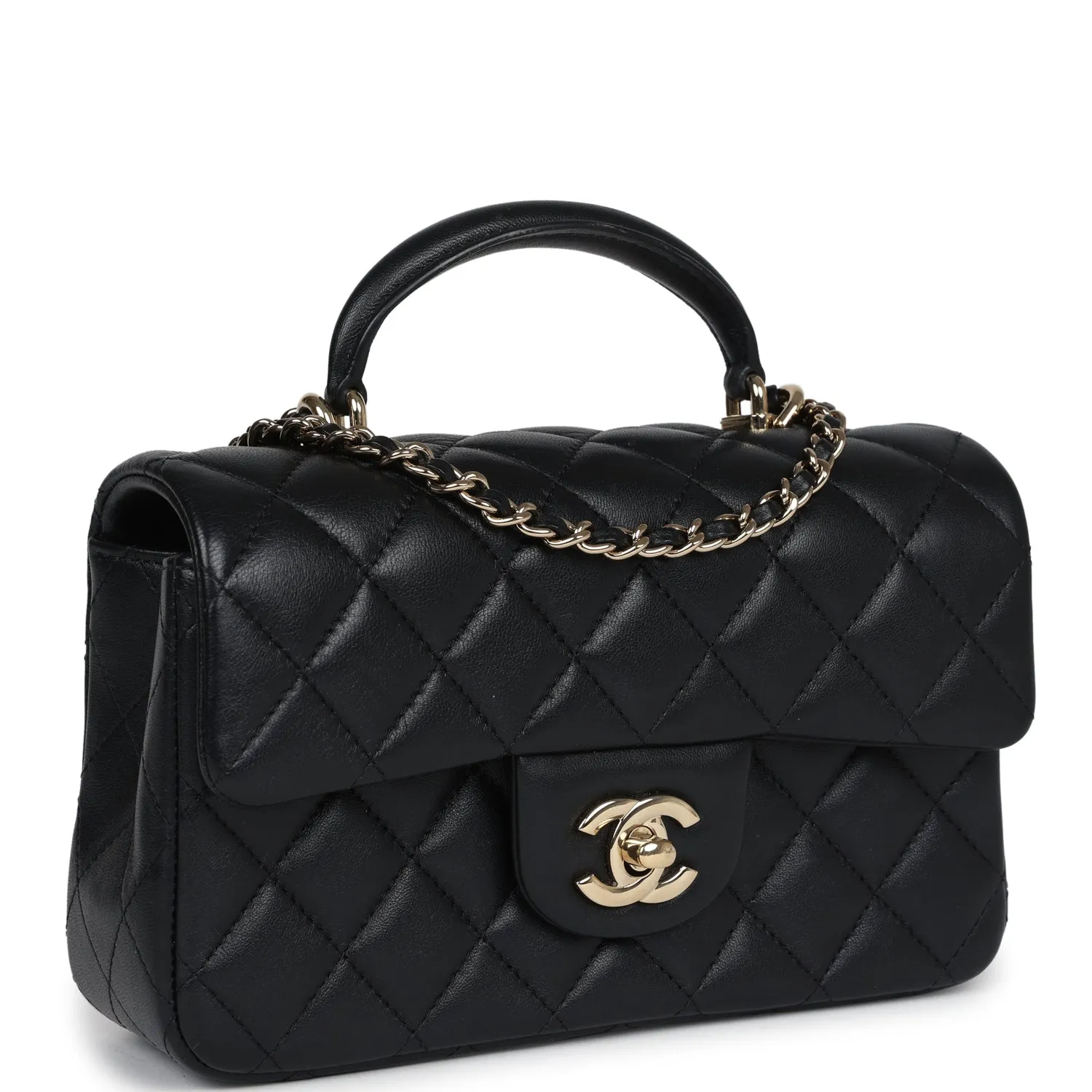 Chanel Mini Rectangular Flap with Top Handle Black Lambskin Light Gold Hardware