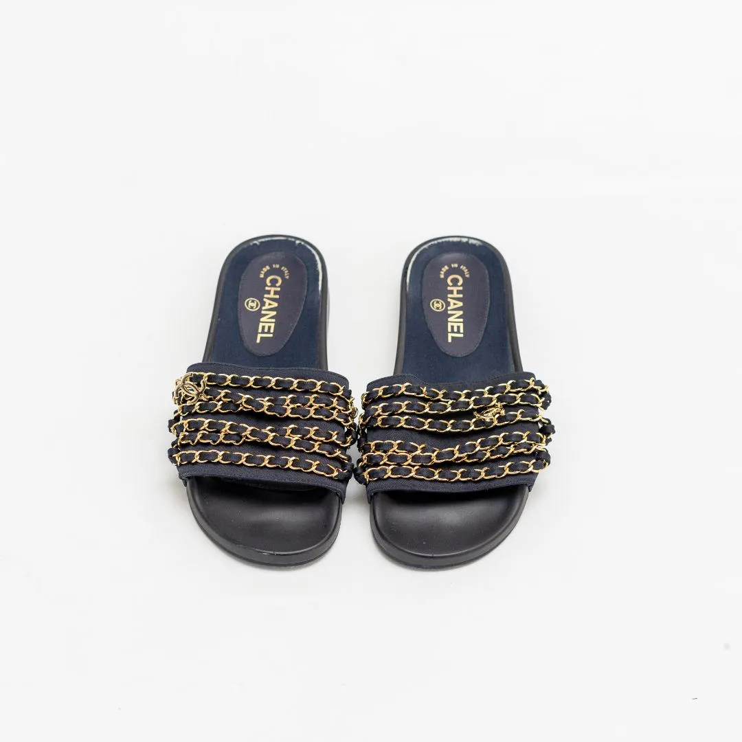 Chanel Navy Satin Tropicana Slides, 37