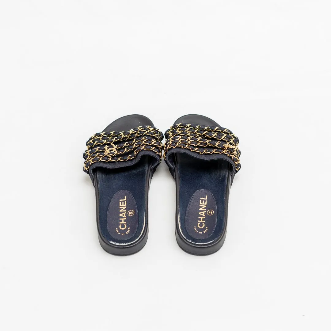 Chanel Navy Satin Tropicana Slides, 37