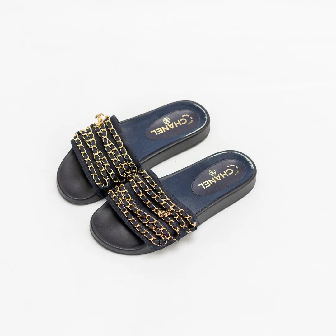 Chanel Navy Satin Tropicana Slides, 37