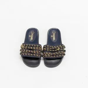 Chanel Navy Satin Tropicana Slides, 37