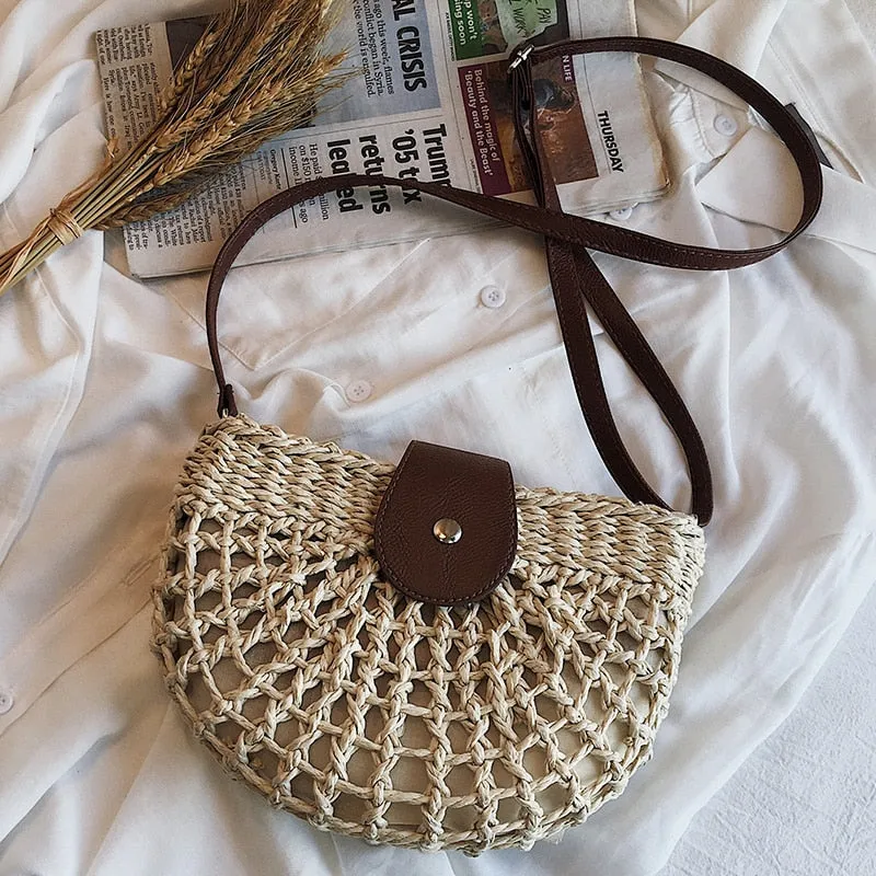 Christmas Gift casual half moon rattan women shoulder bags wicker woven lady crossbody bag summer beach straw bags lady small purse travel 2020