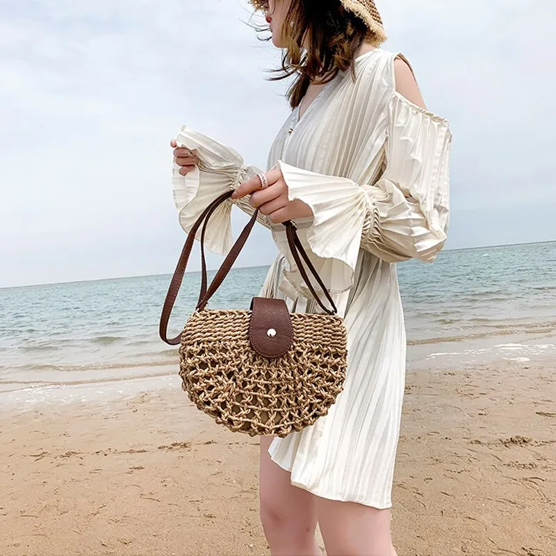 Christmas Gift casual half moon rattan women shoulder bags wicker woven lady crossbody bag summer beach straw bags lady small purse travel 2020