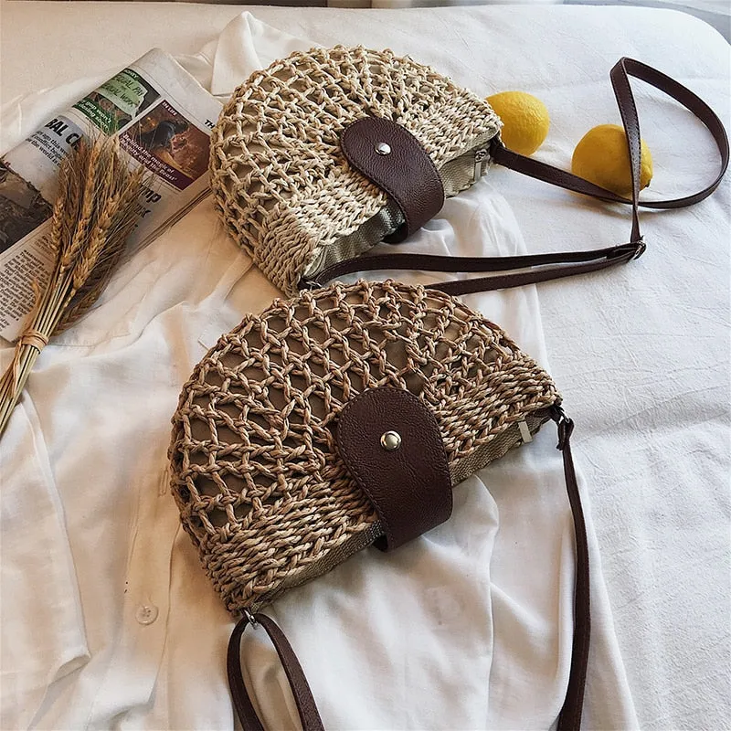 Christmas Gift casual half moon rattan women shoulder bags wicker woven lady crossbody bag summer beach straw bags lady small purse travel 2020
