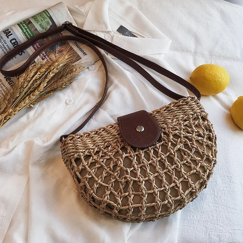 Christmas Gift casual half moon rattan women shoulder bags wicker woven lady crossbody bag summer beach straw bags lady small purse travel 2020