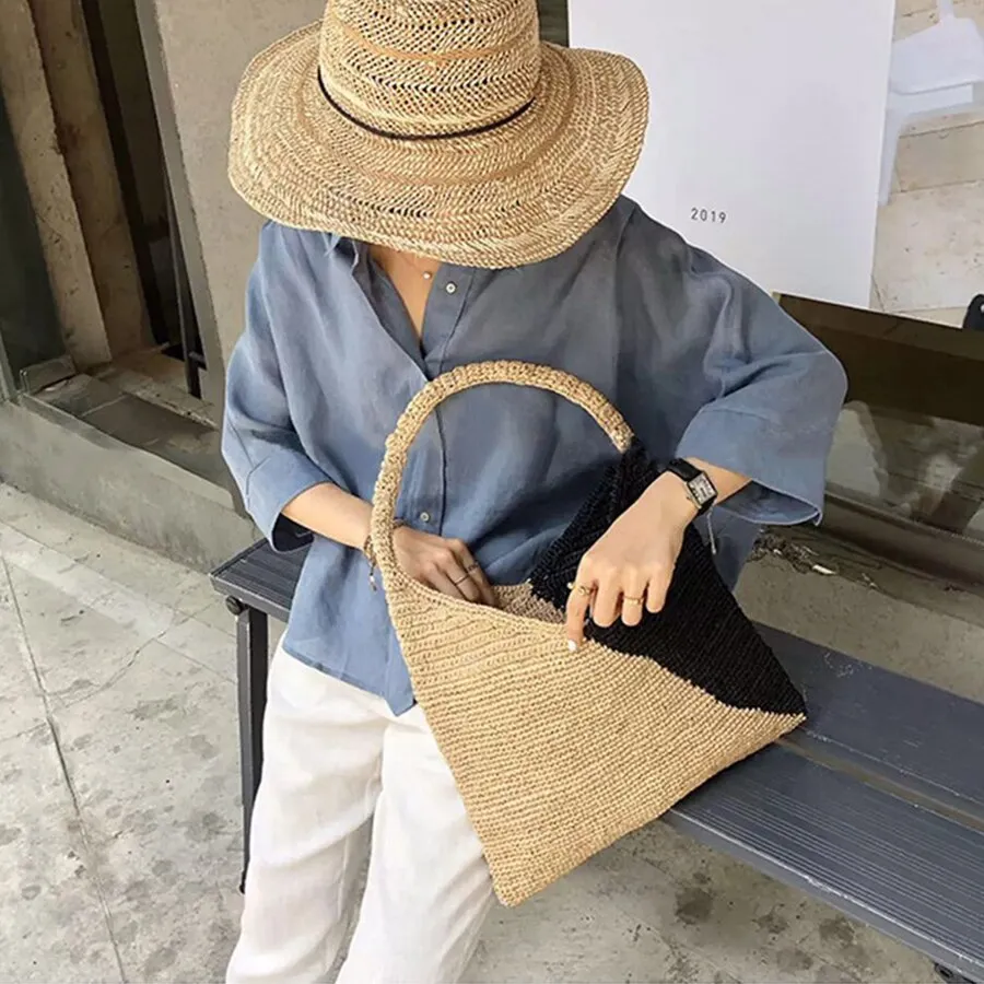 Christmas Gift Casual Large Capacity Tote Raffia Bags Hand-Woven Straw Bag Patchwork Women Shoulder Bags Summer Beach Handbags Big Purses 2021