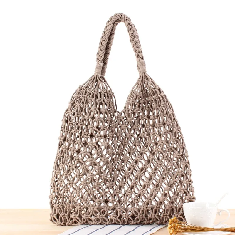 Cotton Tote Bag Rope Hollow Straw Bag Sheer Macrame