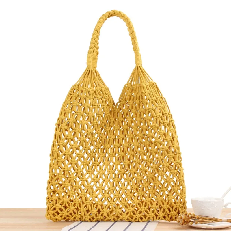 Cotton Tote Bag Rope Hollow Straw Bag Sheer Macrame
