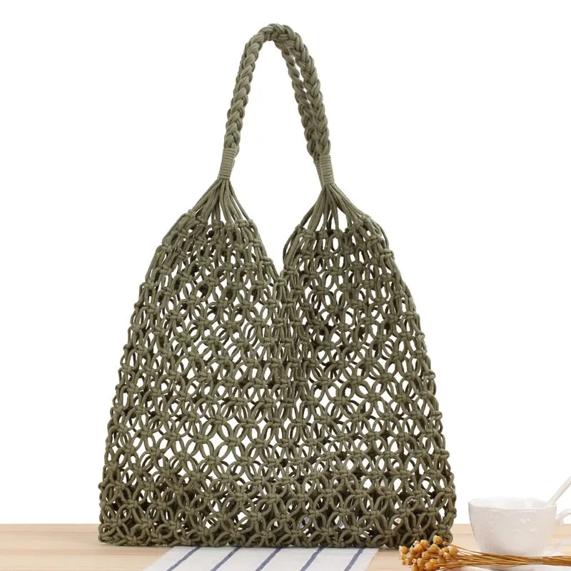Cotton Tote Bag Rope Hollow Straw Bag Sheer Macrame