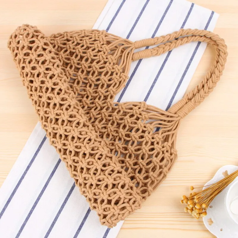 Cotton Tote Bag Rope Hollow Straw Bag Sheer Macrame