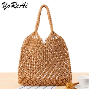 Cotton Tote Bag Rope Hollow Straw Bag Sheer Macrame