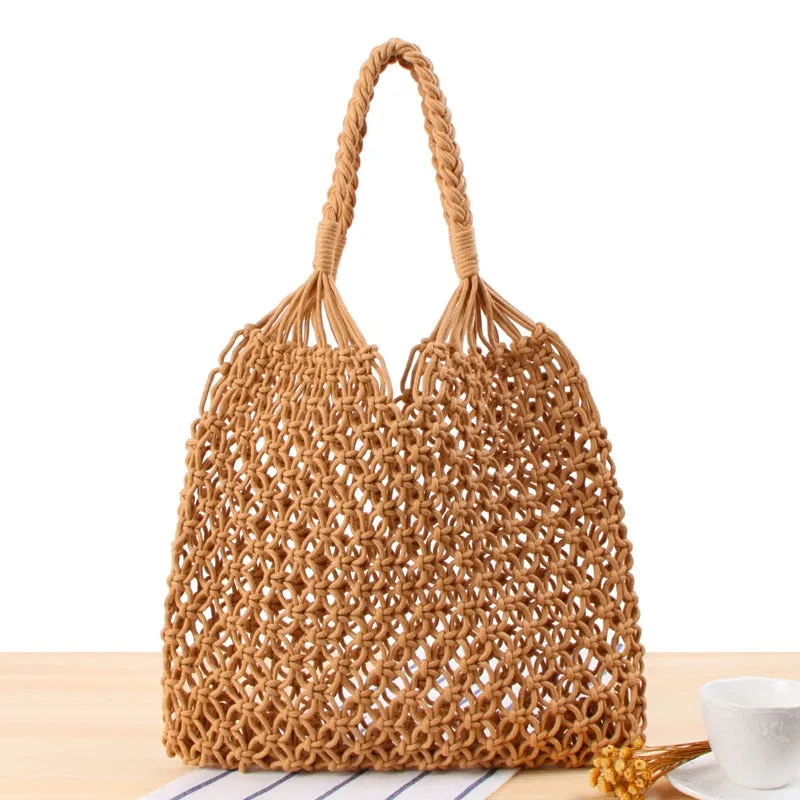 Cotton Tote Bag Rope Hollow Straw Bag Sheer Macrame