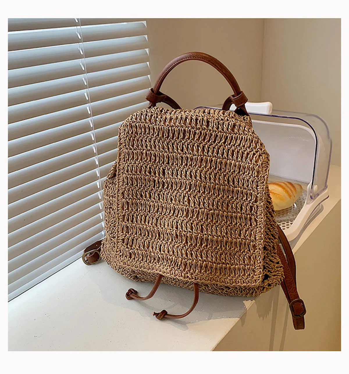 Elena Handbags Straw Backpack with Leather Strap