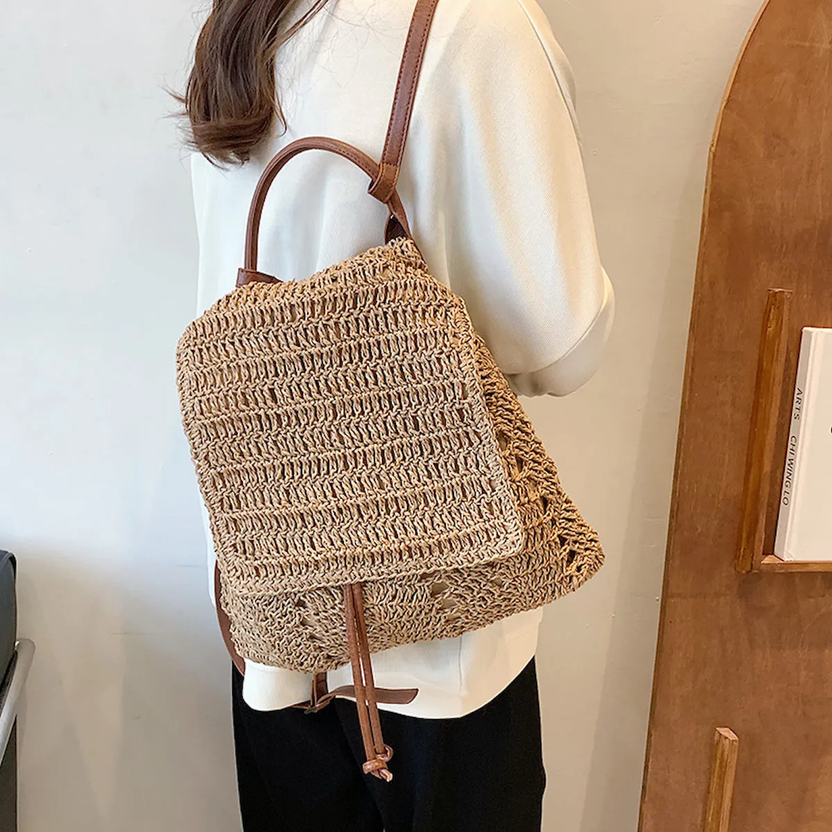 Elena Handbags Straw Backpack with Leather Strap