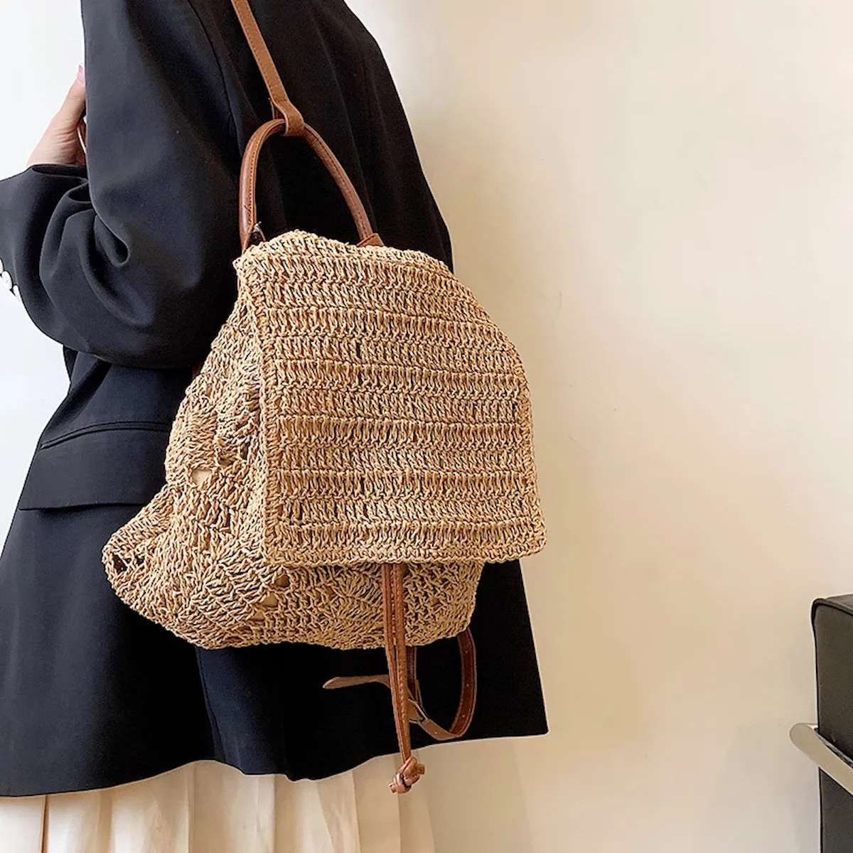 Elena Handbags Straw Backpack with Leather Strap