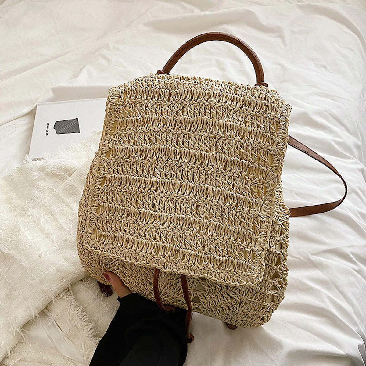 Elena Handbags Straw Backpack with Leather Strap
