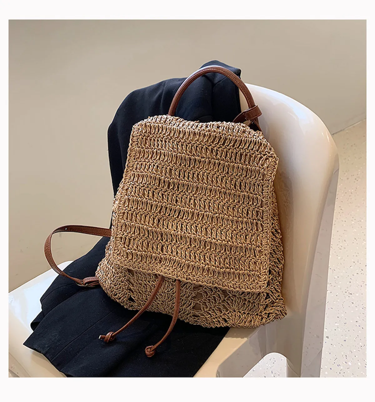 Elena Handbags Straw Backpack with Leather Strap