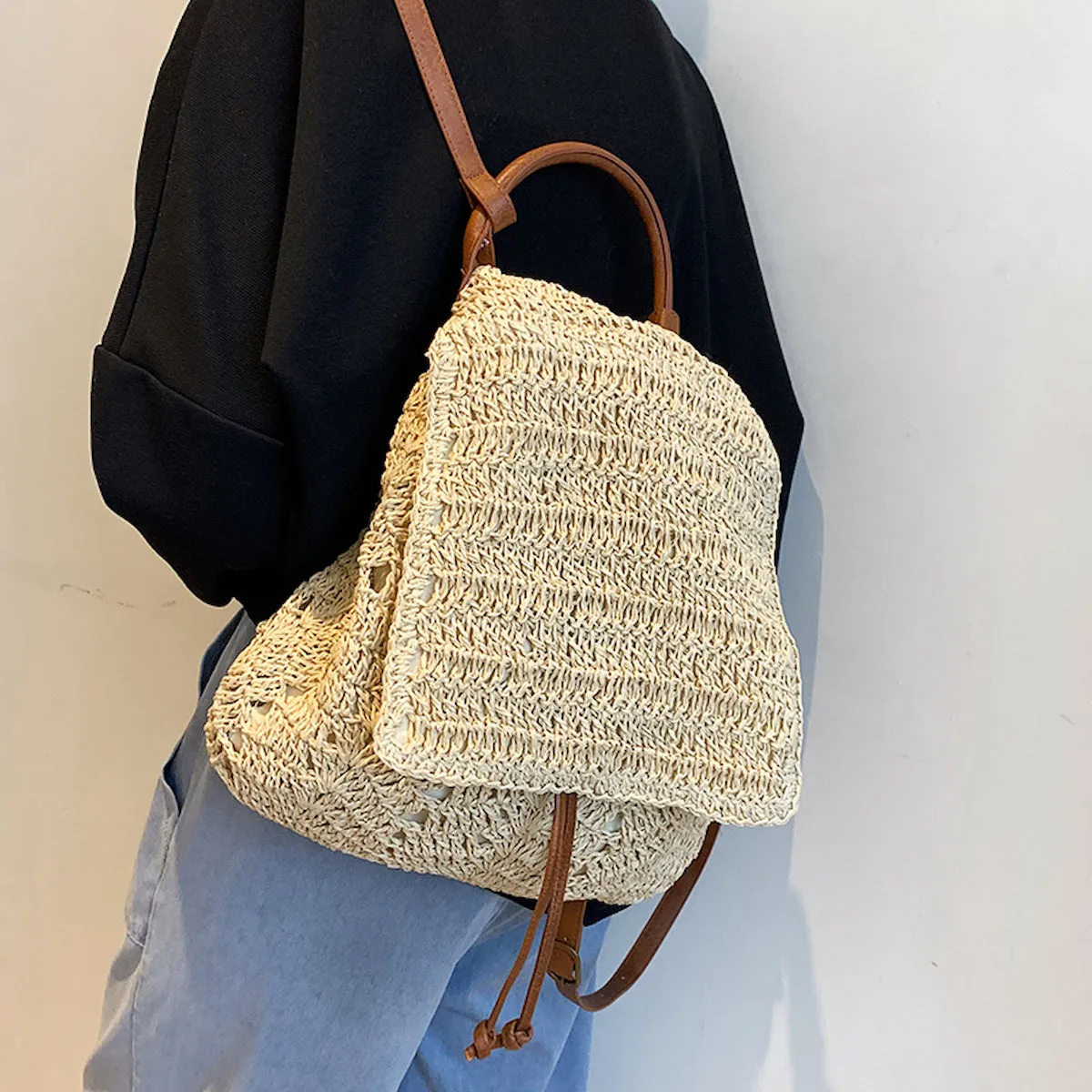 Elena Handbags Straw Backpack with Leather Strap