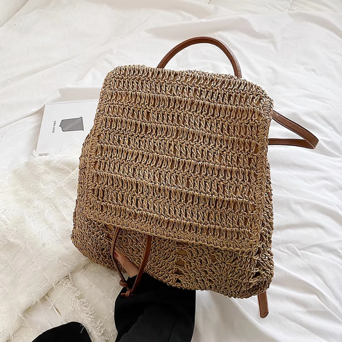 Elena Handbags Straw Backpack with Leather Strap
