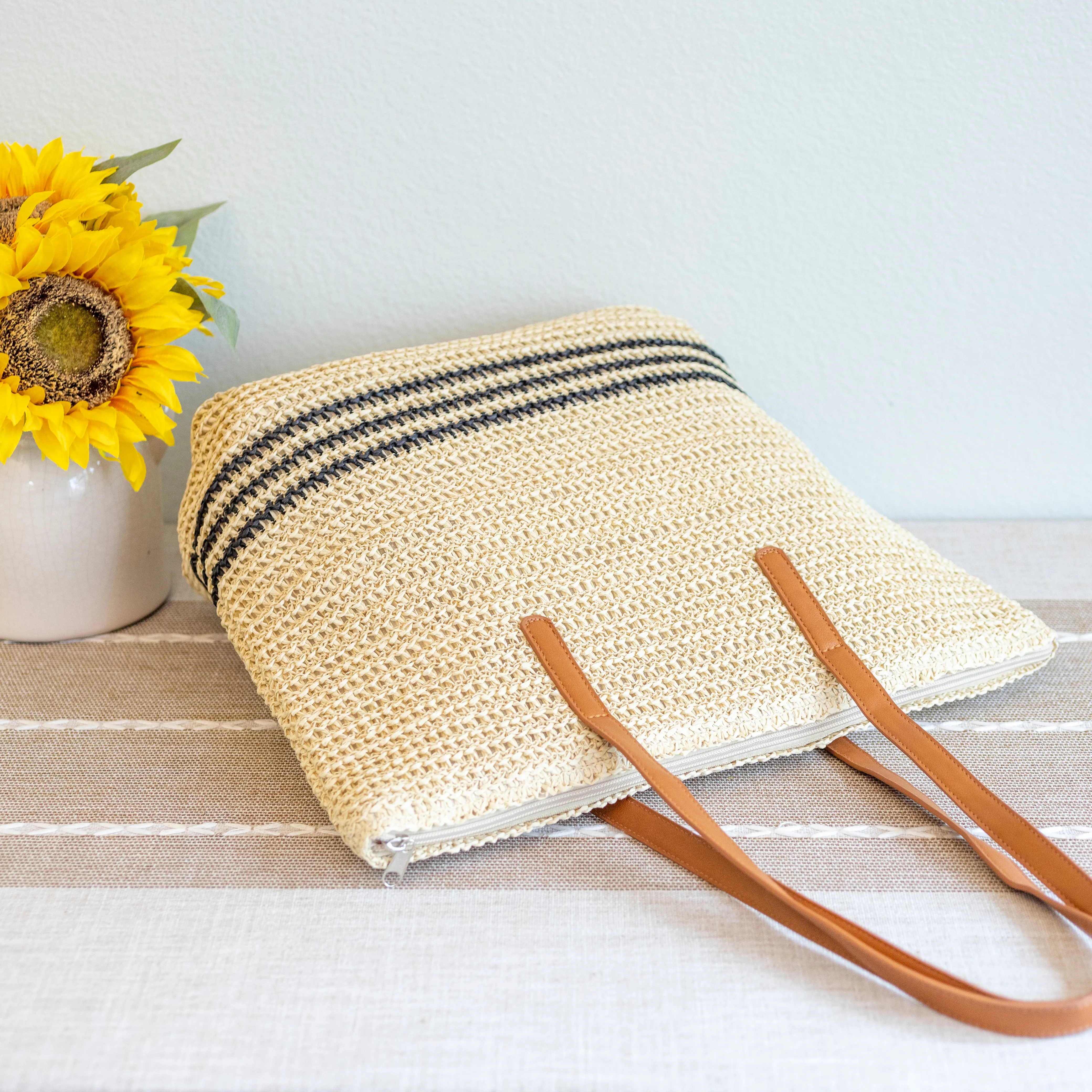 Elena Handbags Striped Large Straw Woven Tote