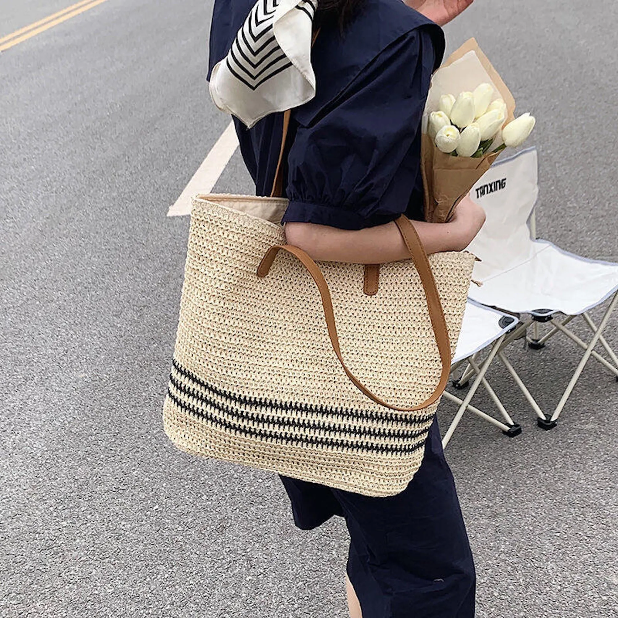 Elena Handbags Striped Large Straw Woven Tote