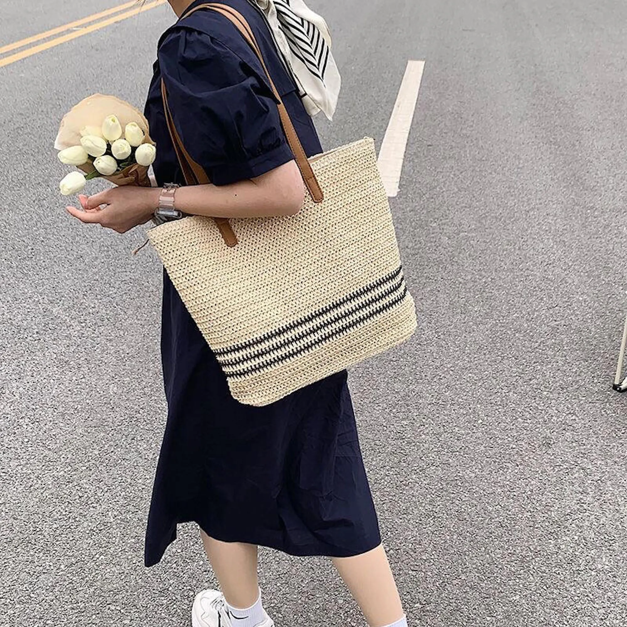 Elena Handbags Striped Large Straw Woven Tote