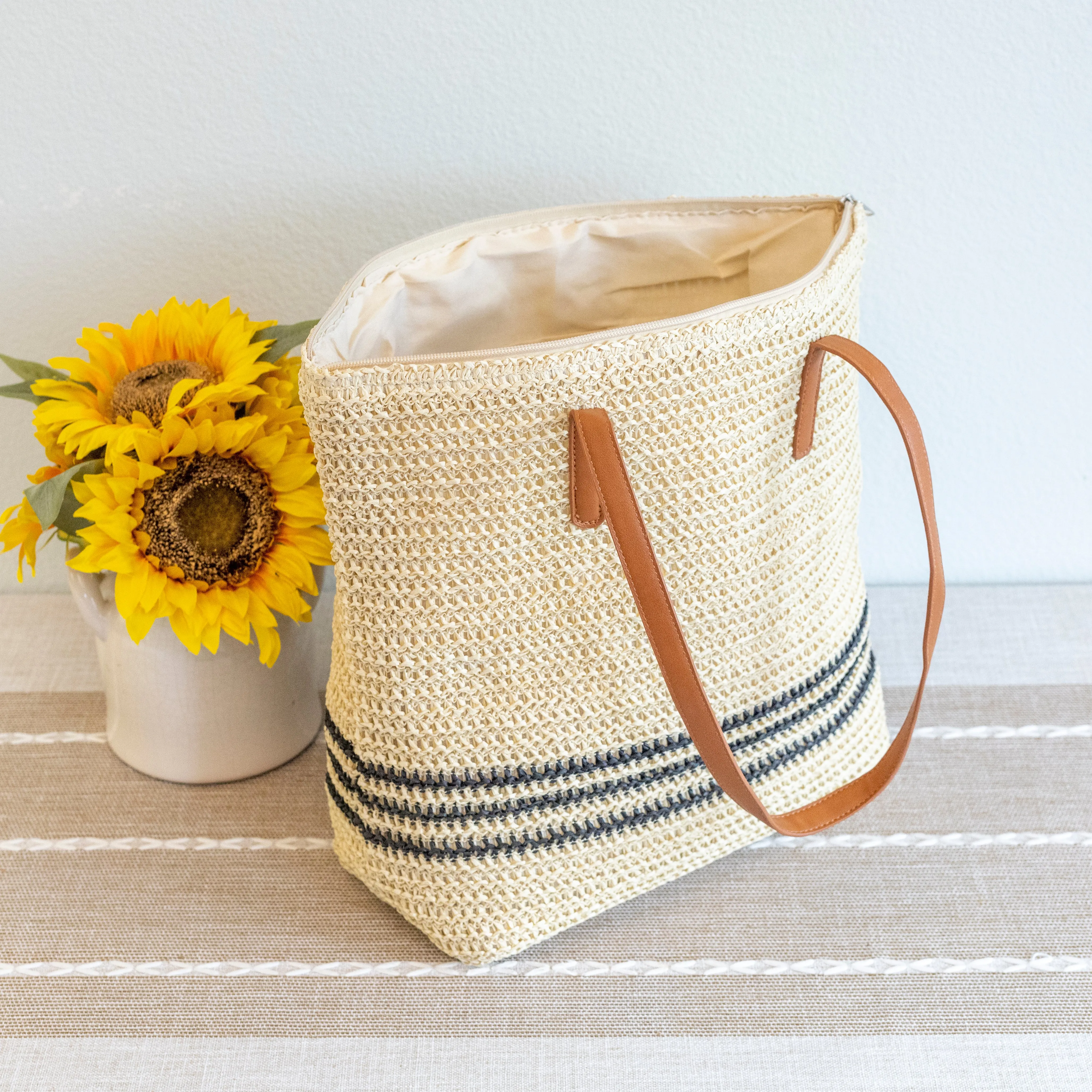 Elena Handbags Striped Large Straw Woven Tote